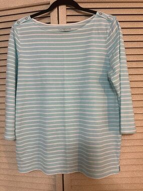 croft & barrow Aqua and White Striped Boatneck Top with Shoulder Buttons